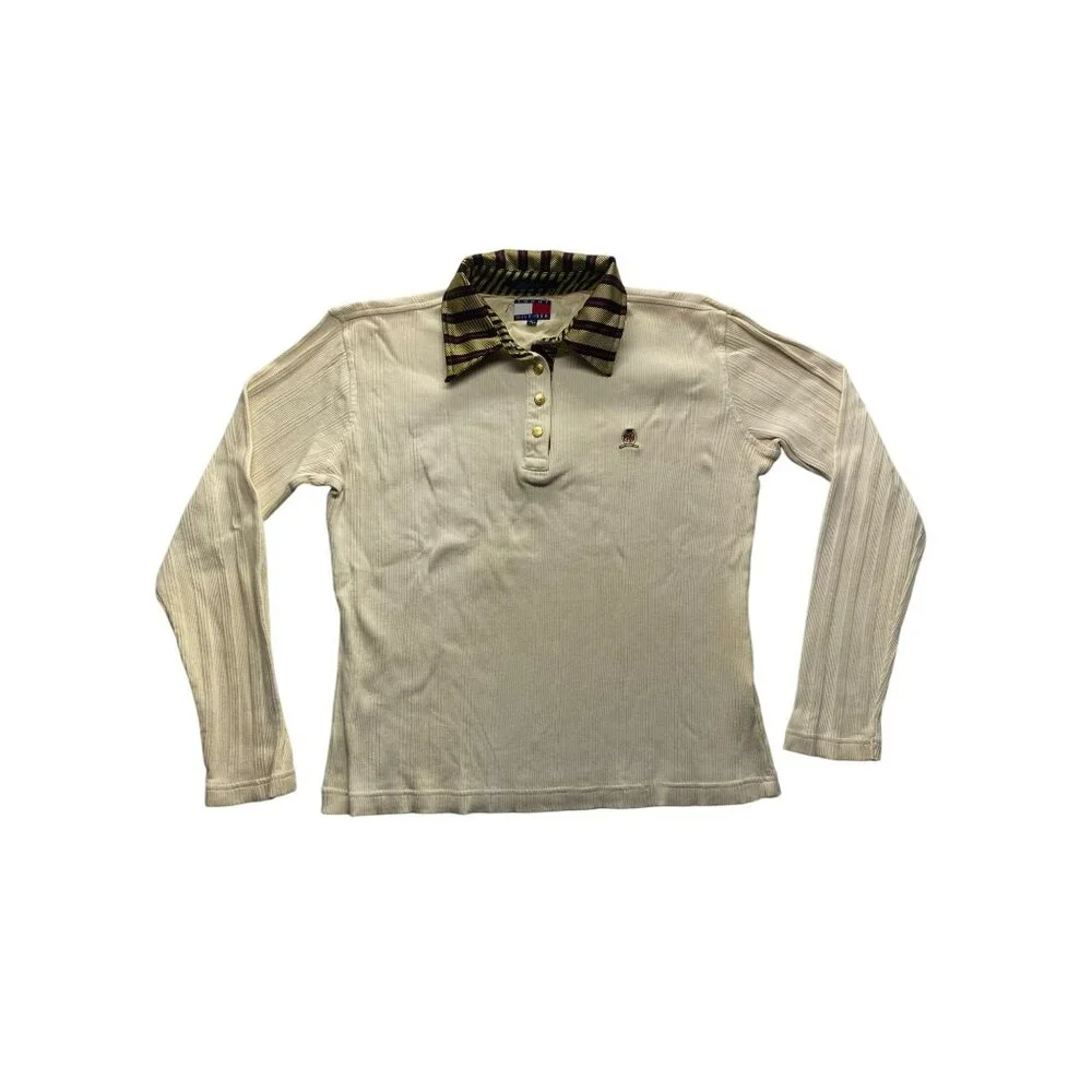 Vintage Tommy Hilfiger Ribbed Long Sleeve Polo Shirt With Striped Collar #7148 - Picture 1 of 9